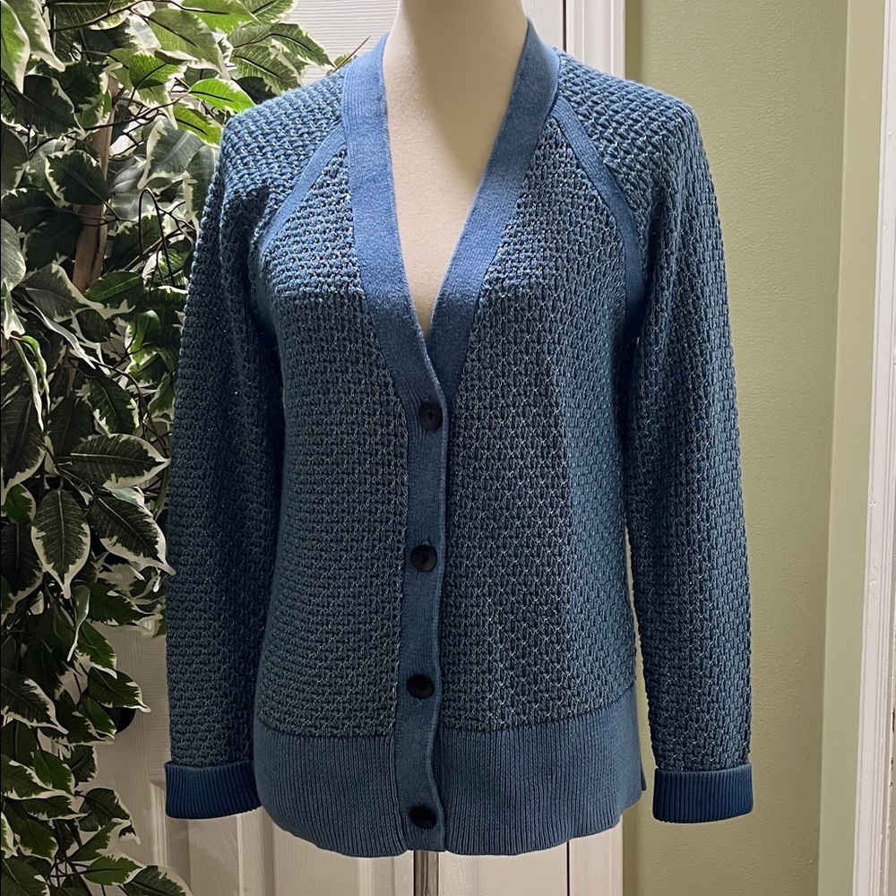 RAG & BONE  Kyra V-Neck Button-Front Metallic Knit Cardigan in Blue